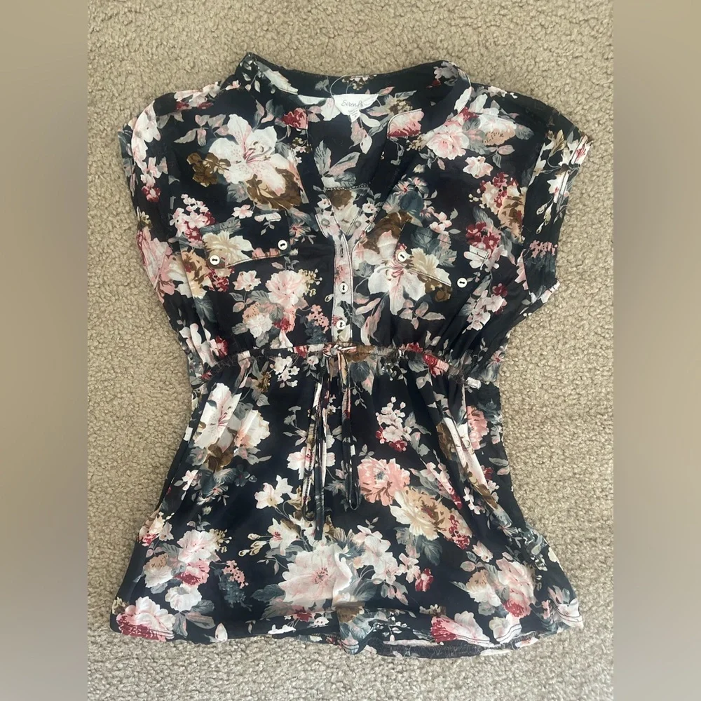 Sheer, black and pink floral, maternity shirt - Picture 1 of 2